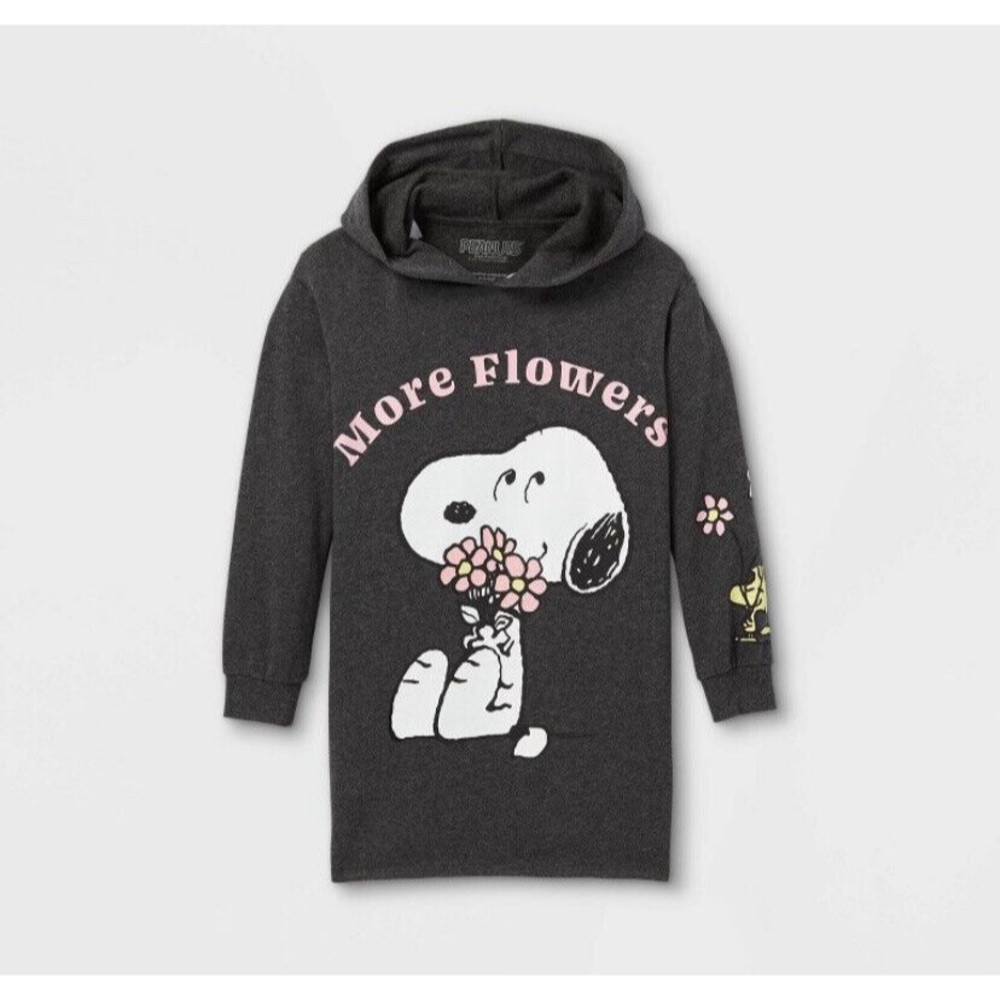 Peanuts Girls Long Sleeve‎ Hooded Dress Size XS 4/5 Youth Gray Valentines Snoopy